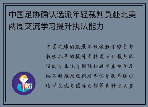 中国足协确认选派年轻裁判员赴北美两周交流学习提升执法能力