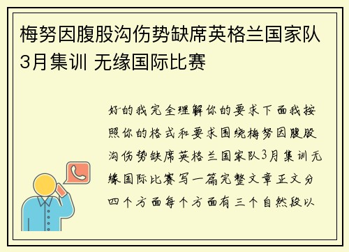 梅努因腹股沟伤势缺席英格兰国家队3月集训 无缘国际比赛