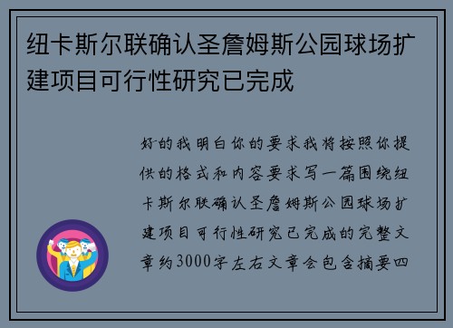 纽卡斯尔联确认圣詹姆斯公园球场扩建项目可行性研究已完成