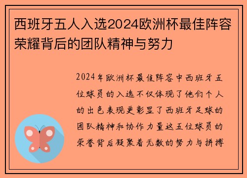 西班牙五人入选2024欧洲杯最佳阵容荣耀背后的团队精神与努力
